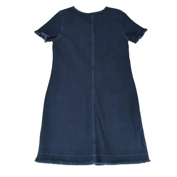 Turo Vince Camuto Short Sleeve Denim Dress Sz 6 Stretch Crewneck Utility Pockets - Picture 2 of 8